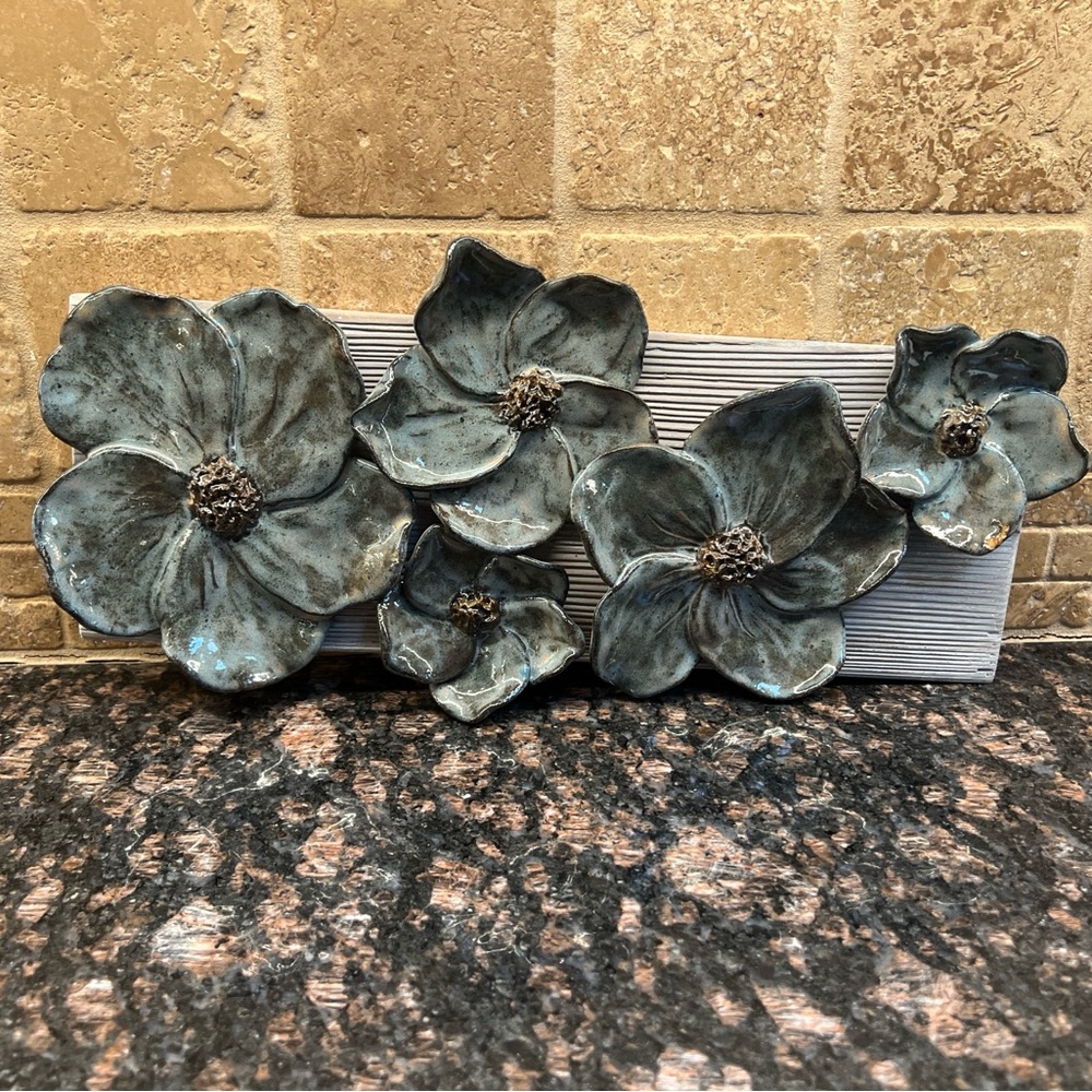 Studio Pottery Ceramic Flowers on Reclaimed Wood